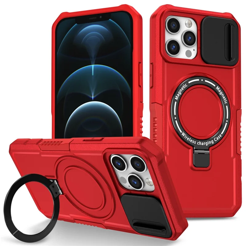 For iPhone 12 Pro Max 6.7 inch Magnetic Phone Case PC+TPU Cover with Slide Camera Lid - Red
