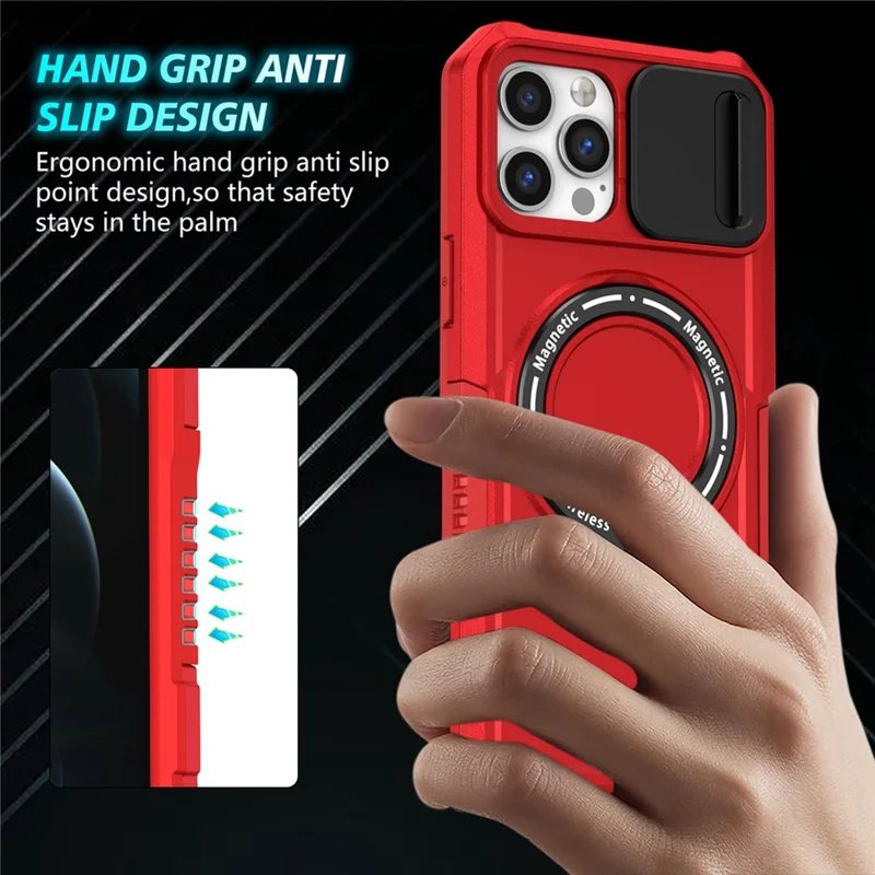 For iPhone 12 Pro Max 6.7 inch Magnetic Phone Case PC+TPU Cover with Slide Camera Lid - Red