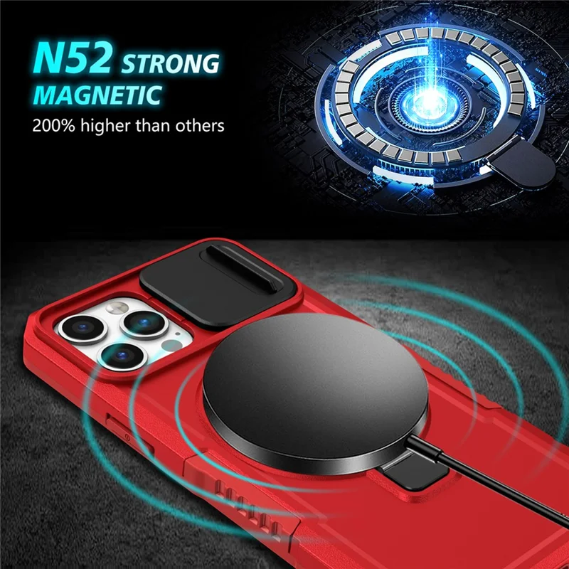 For iPhone 12 Pro Max 6.7 inch Magnetic Phone Case PC+TPU Cover with Slide Camera Lid - Red