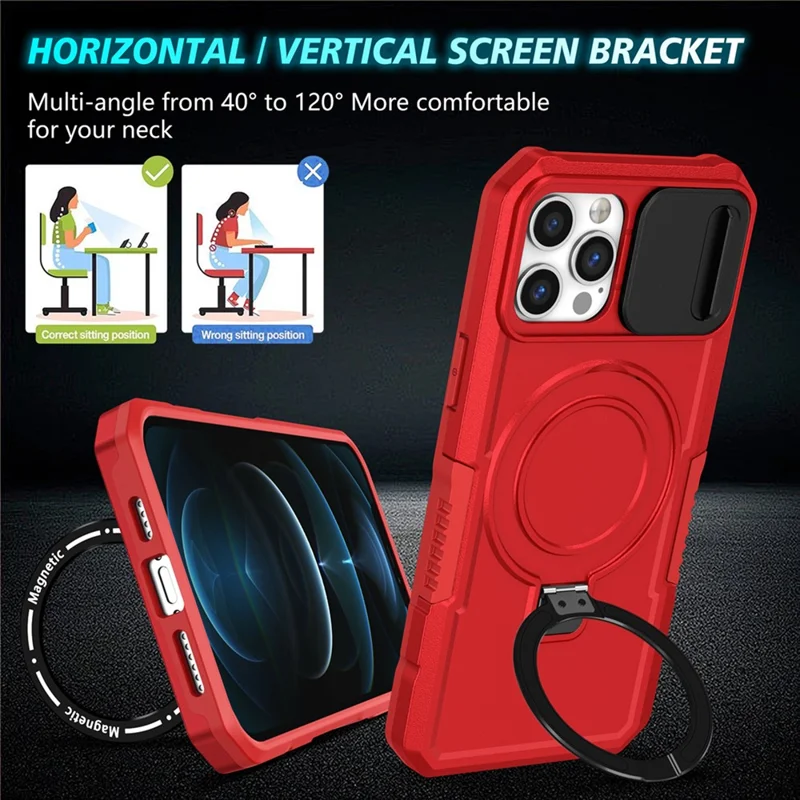 For iPhone 12 Pro Max 6.7 inch Magnetic Phone Case PC+TPU Cover with Slide Camera Lid - Red
