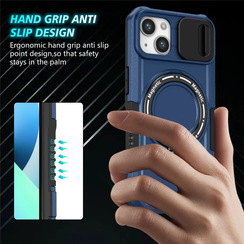 For iPhone 13 Camera Protection Case Magnetic Kickstand PC+TPU Phone Cover - Sapphire