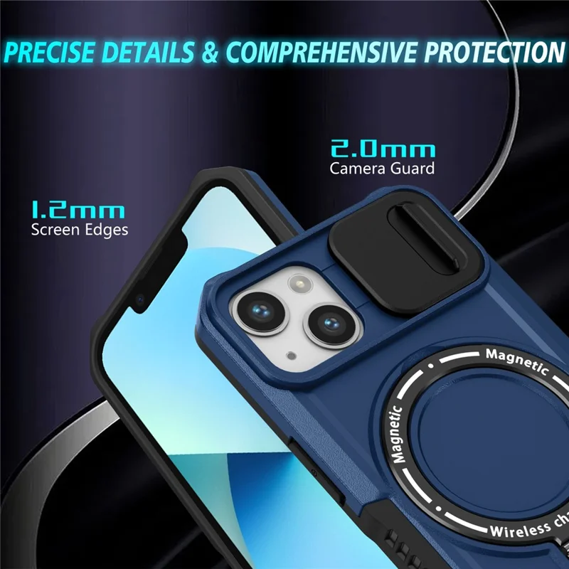 For iPhone 13 Camera Protection Case Magnetic Kickstand PC+TPU Phone Cover - Sapphire