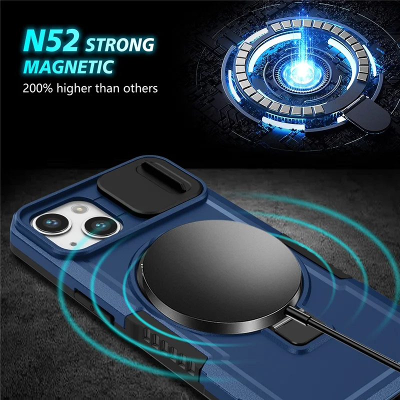 For iPhone 13 Camera Protection Case Magnetic Kickstand PC+TPU Phone Cover - Sapphire
