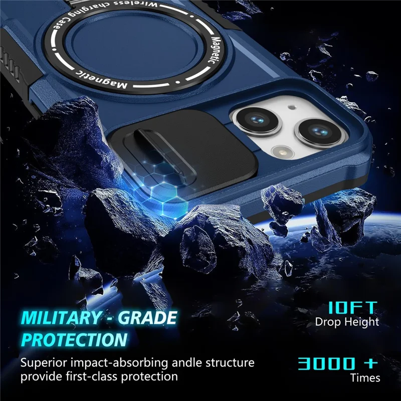 For iPhone 13 Camera Protection Case Magnetic Kickstand PC+TPU Phone Cover - Sapphire