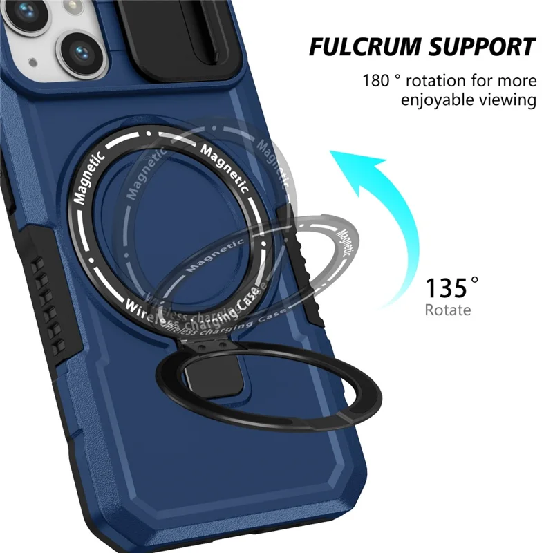 For iPhone 13 Camera Protection Case Magnetic Kickstand PC+TPU Phone Cover - Sapphire