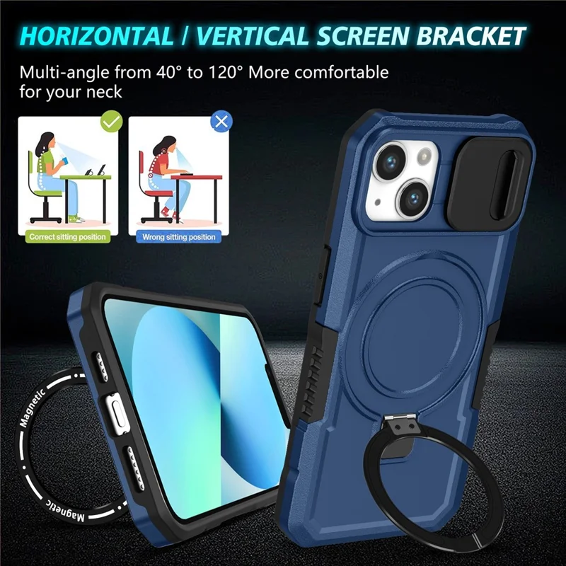 For iPhone 13 Camera Protection Case Magnetic Kickstand PC+TPU Phone Cover - Sapphire