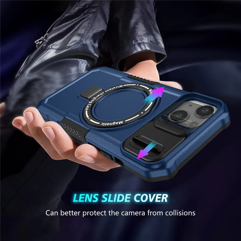 For iPhone 13 Camera Protection Case Magnetic Kickstand PC+TPU Phone Cover - Sapphire