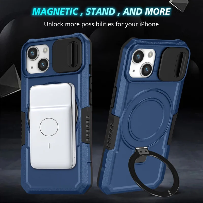 For iPhone 13 Camera Protection Case Magnetic Kickstand PC+TPU Phone Cover - Sapphire