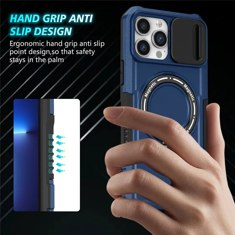 For iPhone 13 Pro Max 6.7 inch Magnetic Case with Sliding Camera Cover Kickstand Shockproof Phone Shell - Sapphire