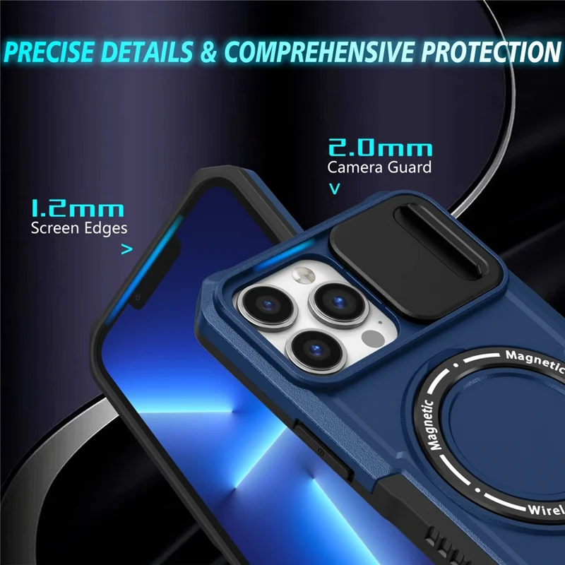 For iPhone 13 Pro Max 6.7 inch Magnetic Case with Sliding Camera Cover Kickstand Shockproof Phone Shell - Sapphire