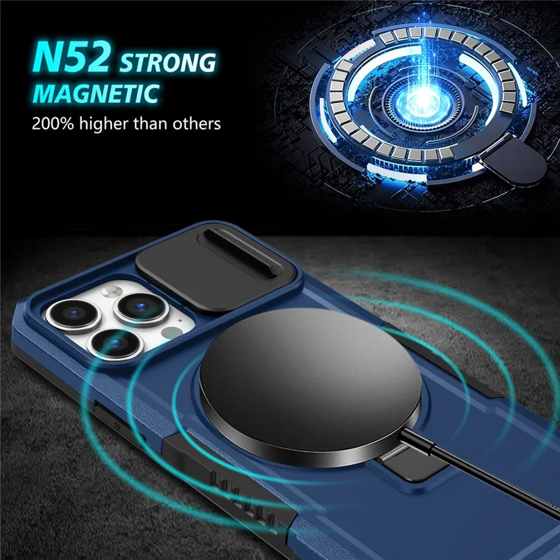 For iPhone 13 Pro Max 6.7 inch Magnetic Case with Sliding Camera Cover Kickstand Shockproof Phone Shell - Sapphire