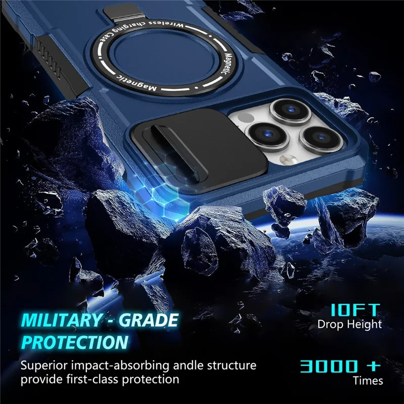 For iPhone 13 Pro Max 6.7 inch Magnetic Case with Sliding Camera Cover Kickstand Shockproof Phone Shell - Sapphire