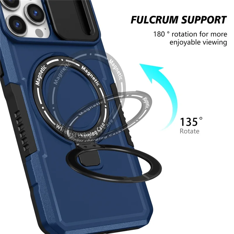 For iPhone 13 Pro Max 6.7 inch Magnetic Case with Sliding Camera Cover Kickstand Shockproof Phone Shell - Sapphire