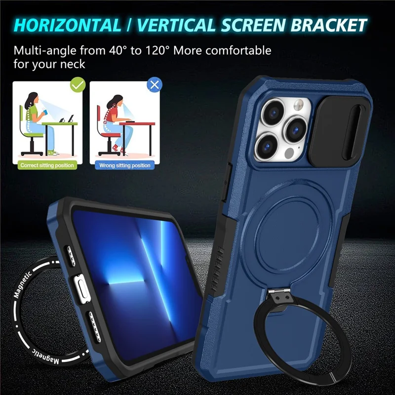 For iPhone 13 Pro Max 6.7 inch Magnetic Case with Sliding Camera Cover Kickstand Shockproof Phone Shell - Sapphire