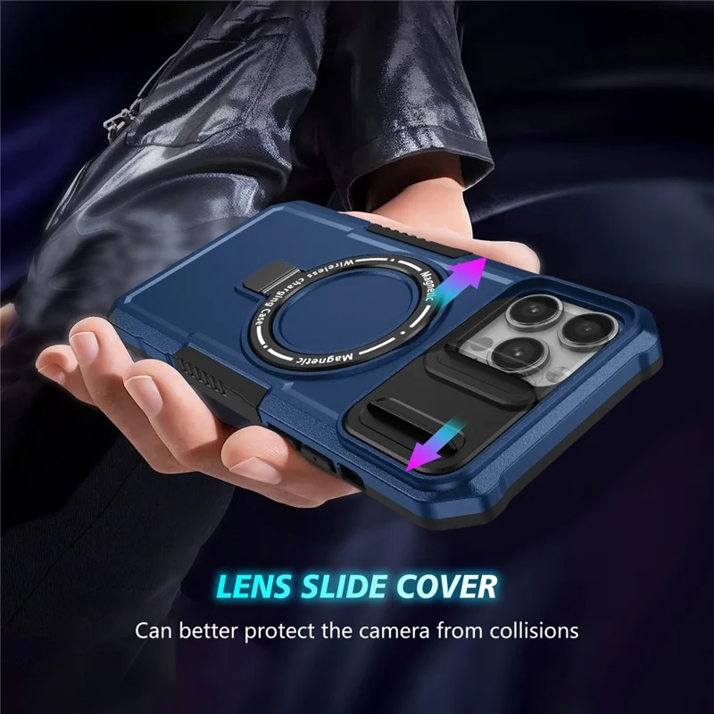For iPhone 13 Pro Max 6.7 inch Magnetic Case with Sliding Camera Cover Kickstand Shockproof Phone Shell - Sapphire