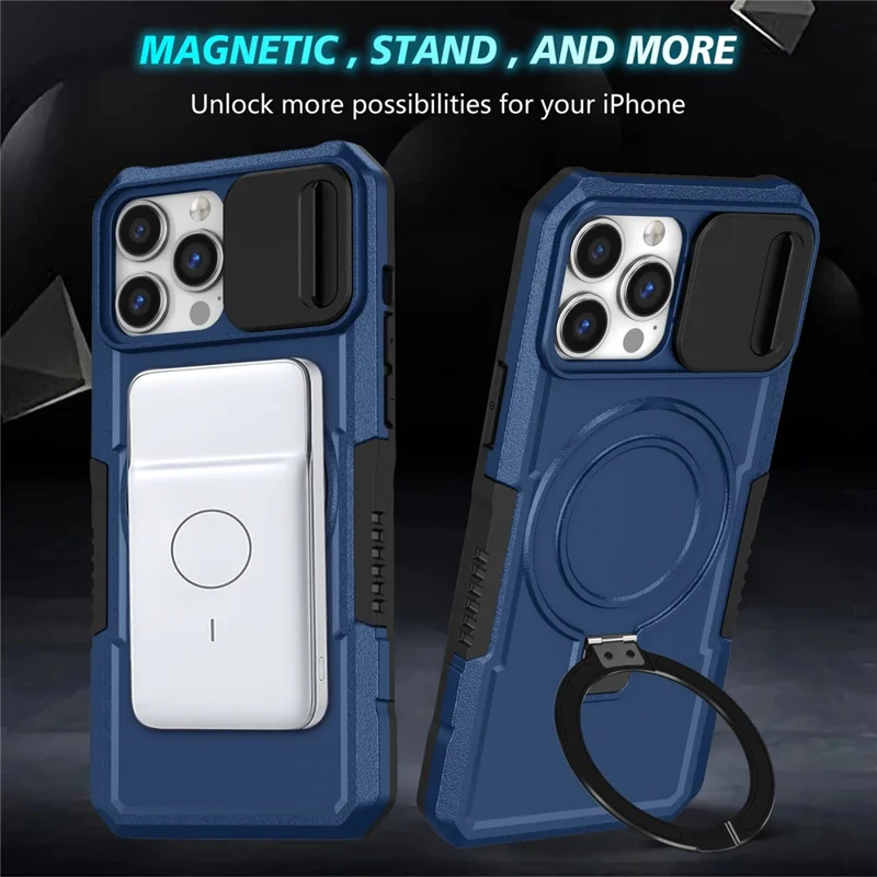 For iPhone 13 Pro Max 6.7 inch Magnetic Case with Sliding Camera Cover Kickstand Shockproof Phone Shell - Sapphire