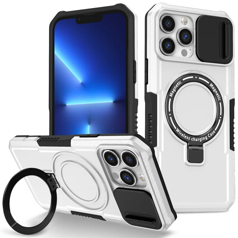 For iPhone 13 Pro Max 6.7 inch Magnetic Case with Sliding Camera Cover Kickstand Shockproof Phone Shell - Black  /  White