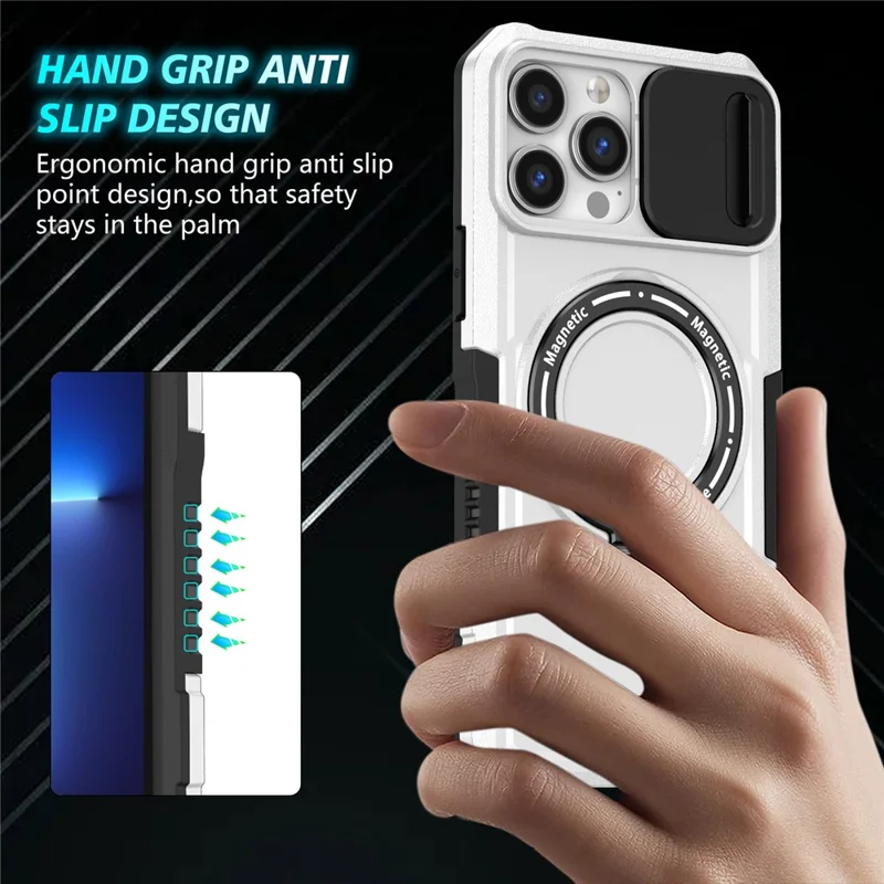 For iPhone 13 Pro Max 6.7 inch Magnetic Case with Sliding Camera Cover Kickstand Shockproof Phone Shell - Black  /  White