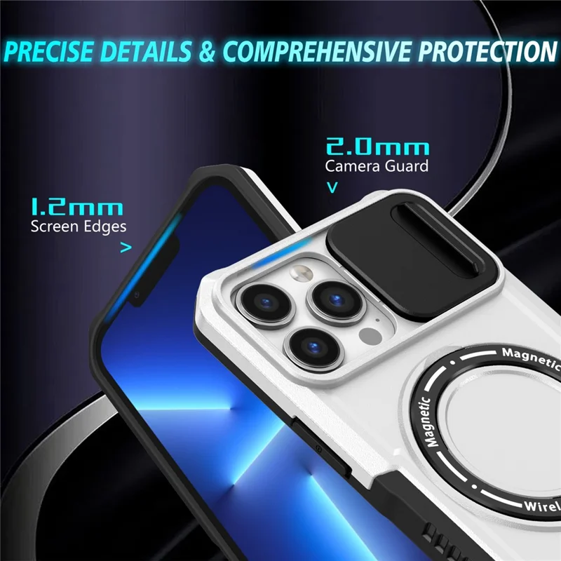 For iPhone 13 Pro Max 6.7 inch Magnetic Case with Sliding Camera Cover Kickstand Shockproof Phone Shell - Black  /  White