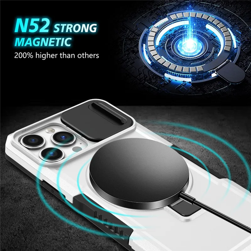 For iPhone 13 Pro Max 6.7 inch Magnetic Case with Sliding Camera Cover Kickstand Shockproof Phone Shell - Black  /  White
