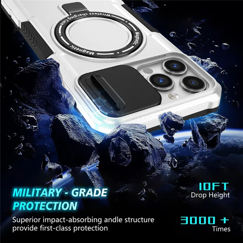 For iPhone 13 Pro Max 6.7 inch Magnetic Case with Sliding Camera Cover Kickstand Shockproof Phone Shell - Black  /  White