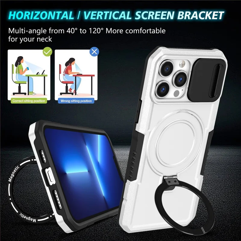 For iPhone 13 Pro Max 6.7 inch Magnetic Case with Sliding Camera Cover Kickstand Shockproof Phone Shell - Black  /  White
