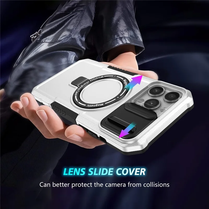 For iPhone 13 Pro Max 6.7 inch Magnetic Case with Sliding Camera Cover Kickstand Shockproof Phone Shell - Black  /  White