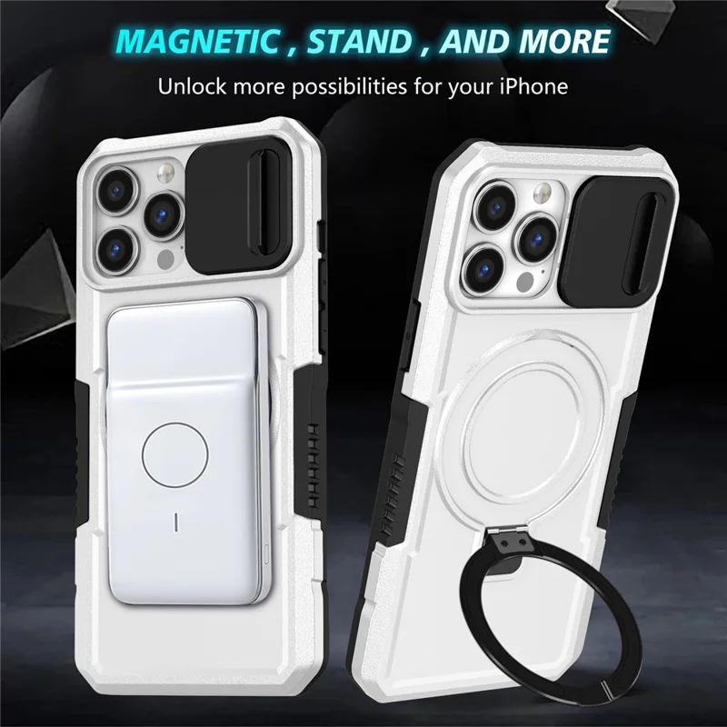 For iPhone 13 Pro Max 6.7 inch Magnetic Case with Sliding Camera Cover Kickstand Shockproof Phone Shell - Black  /  White