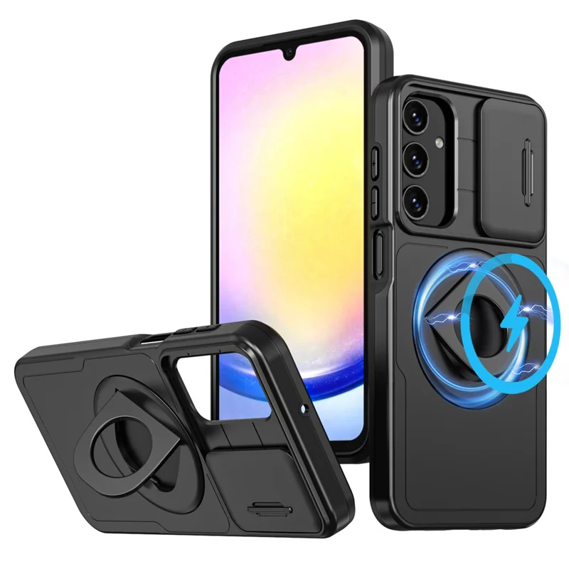 For Samsung Galaxy A05s 4G Case Built-in KickstandTPU+PC Phone Cover Slide Lens Protection - Black