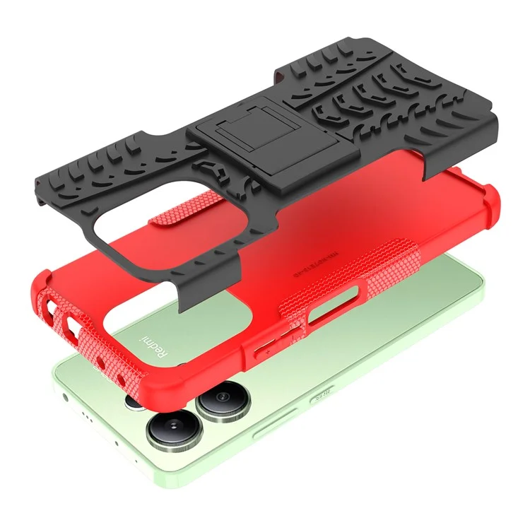 Для Xiaomi Redmi Note 13 4G Kickstand Case PC+TPU Шинный образец Защитный чехол для телефона - Красный