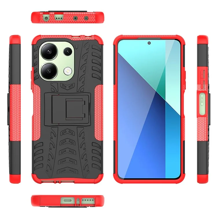 Для Xiaomi Redmi Note 13 4G Kickstand Case PC+TPU Шинный образец Защитный чехол для телефона - Красный
