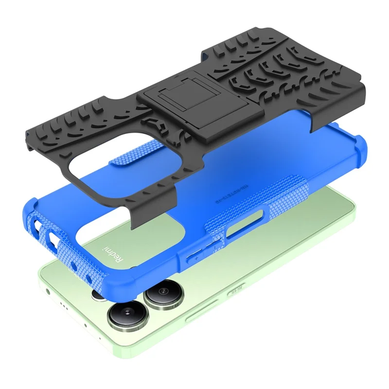 Para Xiaomi Redmi Note 13 4G Kickstand Case PC+TPU Tyre Pattern Protective Phone Cover - Azul