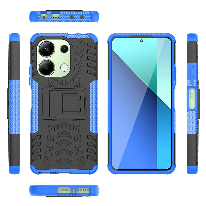 Para Xiaomi Redmi Note 13 4G Kickstand Case PC+TPU Tyre Pattern Protective Phone Cover - Azul
