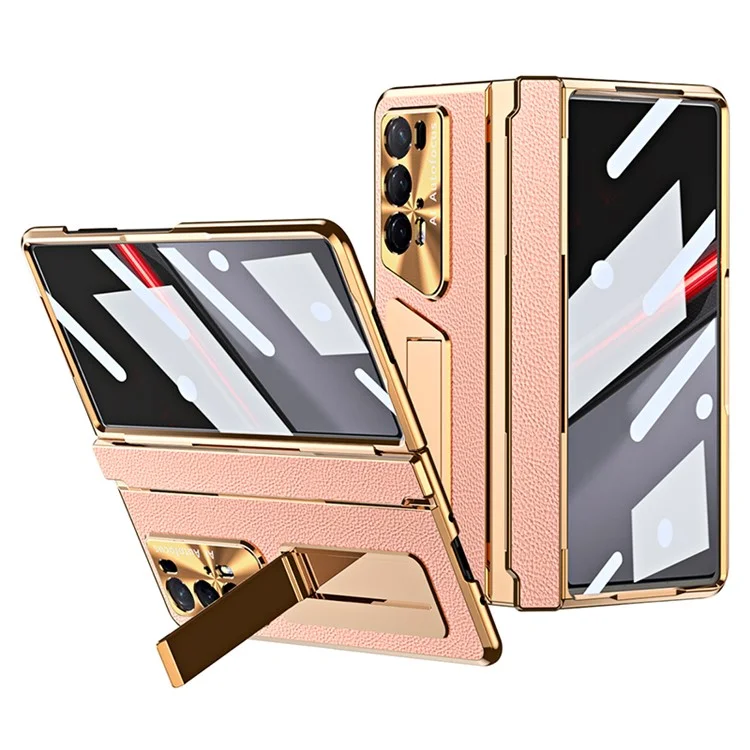 For Honor Magic V2 5G /  V2 RSR Porsche Design Phone Case Leather+PC Cover with Tempered Glass Film - Gold+Pink
