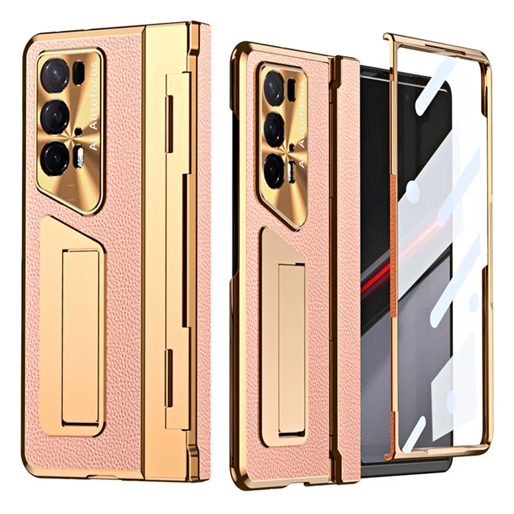 For Honor Magic V2 5G /  V2 RSR Porsche Design Phone Case Leather+PC Cover with Tempered Glass Film - Gold+Pink