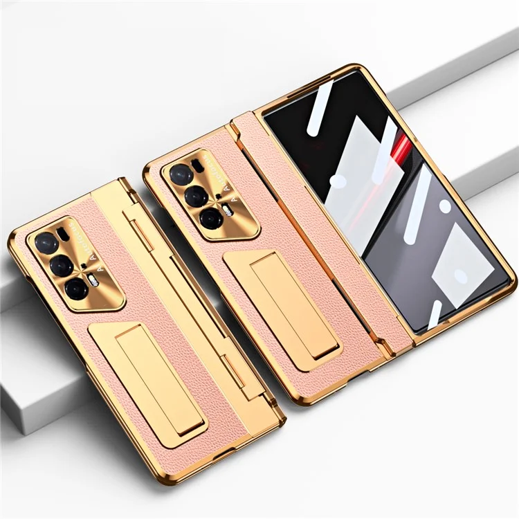 For Honor Magic V2 5G /  V2 RSR Porsche Design Phone Case Leather+PC Cover with Tempered Glass Film - Gold+Pink