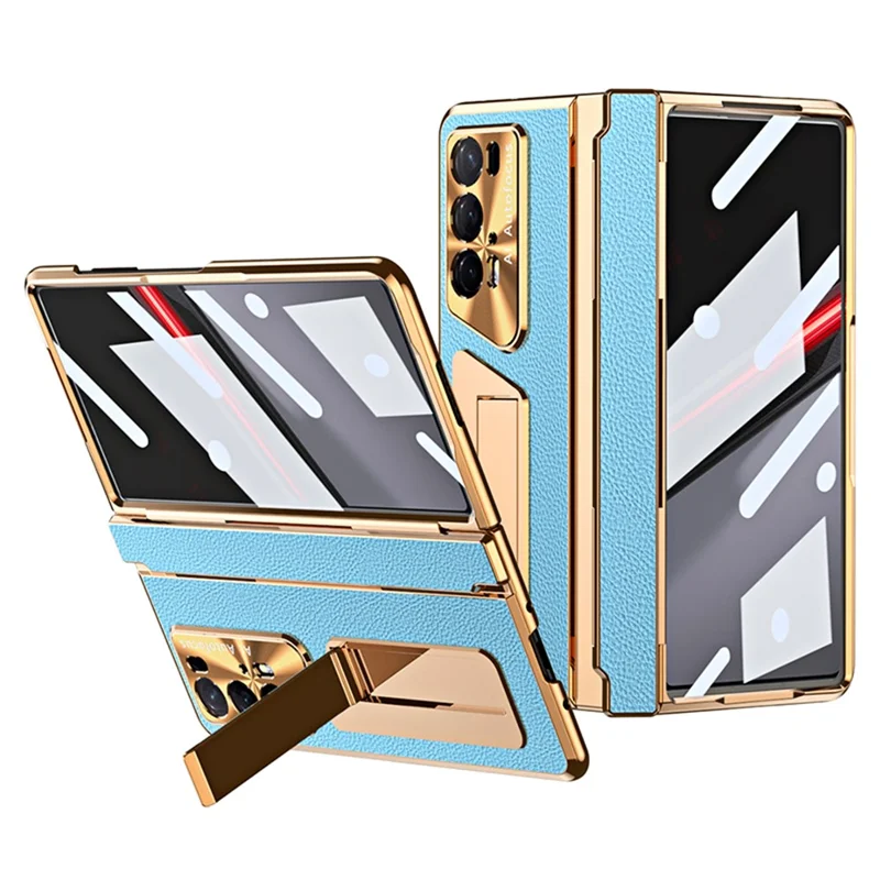 For Honor Magic V2 5G /  V2 RSR Porsche Design Phone Case Leather+PC Cover with Tempered Glass Film - Gold+Blue