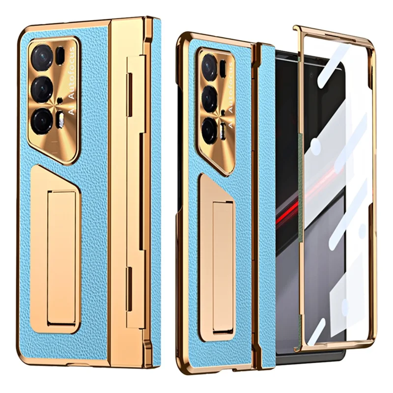 For Honor Magic V2 5G /  V2 RSR Porsche Design Phone Case Leather+PC Cover with Tempered Glass Film - Gold+Blue