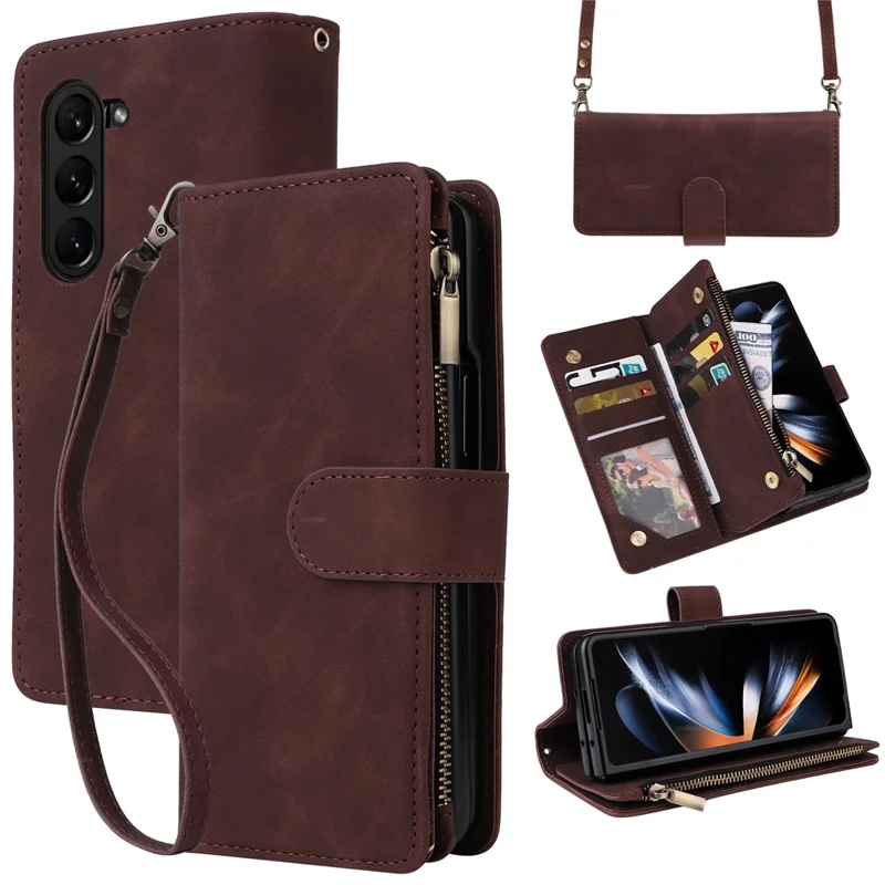 For Samsung Galaxy Z Fold5 5G Case Multiple Card Slots Zipper Leather Crossbody Phone Cover - Coffee
