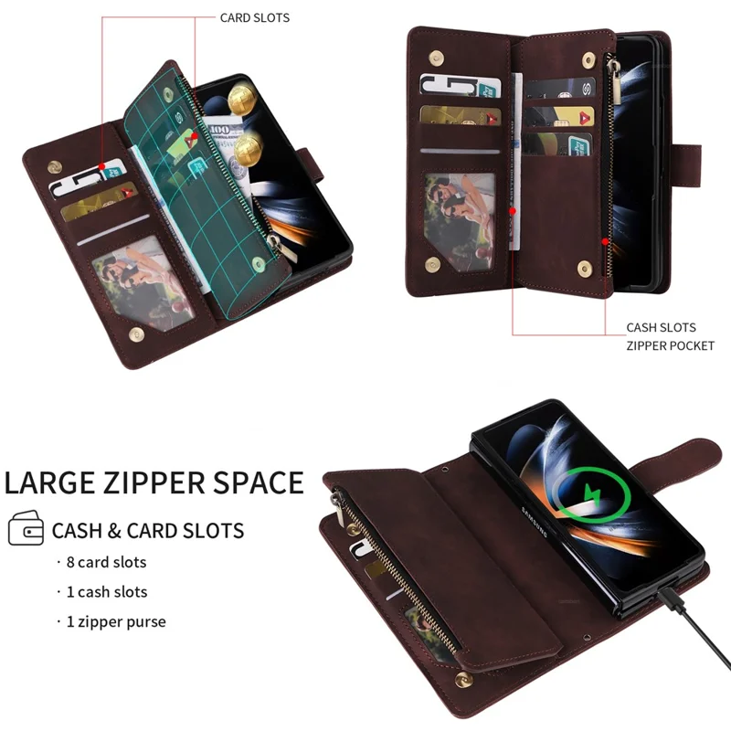 For Samsung Galaxy Z Fold5 5G Case Multiple Card Slots Zipper Leather Crossbody Phone Cover - Coffee