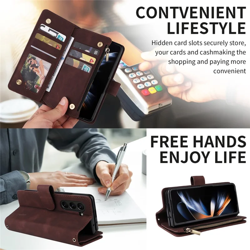 For Samsung Galaxy Z Fold5 5G Case Multiple Card Slots Zipper Leather Crossbody Phone Cover - Coffee