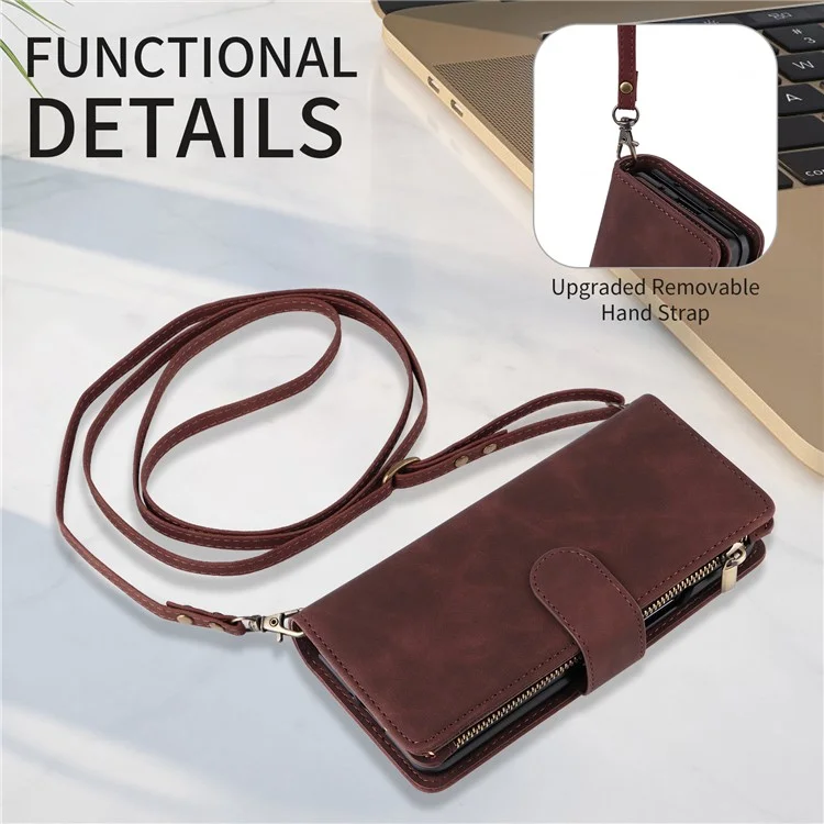 For Samsung Galaxy Z Fold5 5G Case Multiple Card Slots Zipper Leather Crossbody Phone Cover - Coffee