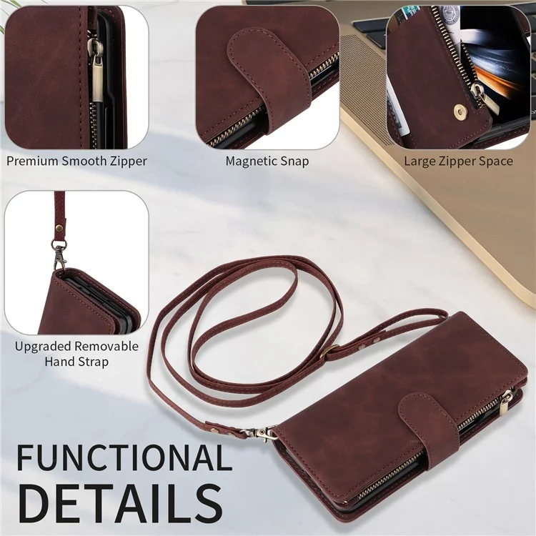 For Samsung Galaxy Z Fold5 5G Case Multiple Card Slots Zipper Leather Crossbody Phone Cover - Coffee