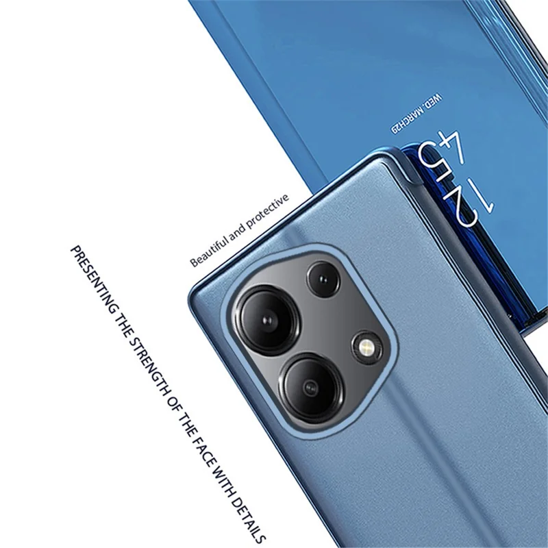 Для Xiaomi Redmi Note 13 Pro 4G / Poco M6 Pro 4G Кожаный чехол с зеркальным дизайном и окном-подставкой - Фиолетовый / Синий