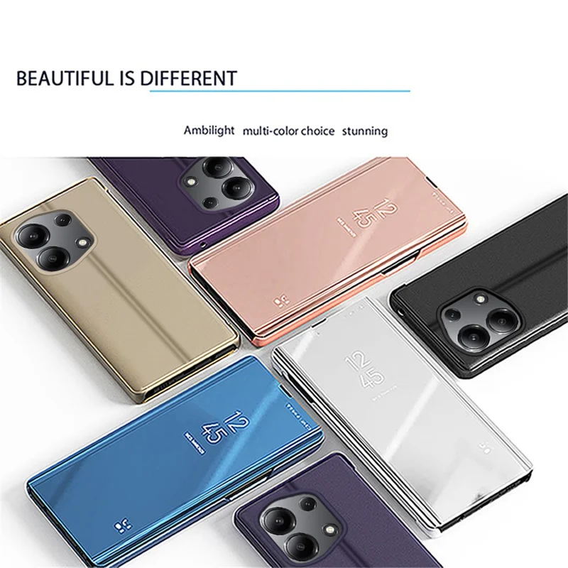 For Xiaomi Redmi Note 13 Pro 4G / Poco M6 Pro 4G Leather Case Mirror Design View Window Stand Phone Cover - Rose Gold