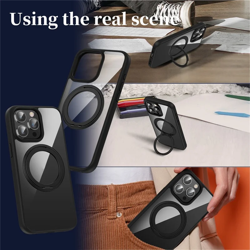 For iPhone 15 Pro Case PC+TPU Phone Back Cover with Kickstand Compatible with MagSafe - Black