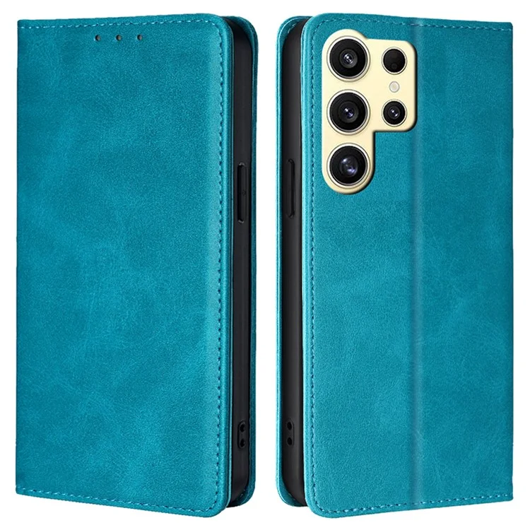 For Samsung Galaxy S24 Ultra Case Magnetic Closing Leather Calf Textured Phone Cover - Baby Blue
