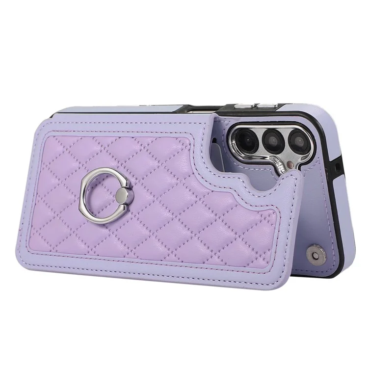 Для чехла Samsung Galaxy S23 FE RFID Blocking Card Holder Ring Kickstand Cover с плечевым ремнем - фиолетовый