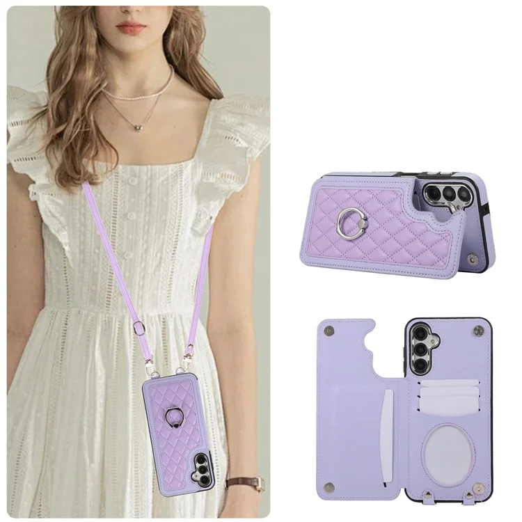 Для чехла Samsung Galaxy S23 FE RFID Blocking Card Holder Ring Kickstand Cover с плечевым ремнем - фиолетовый