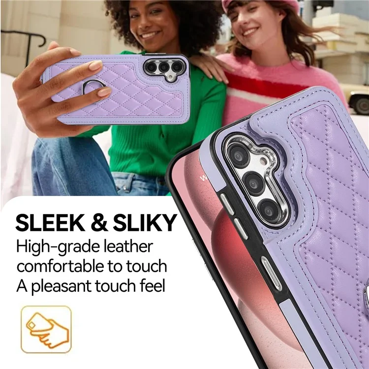 Для чехла Samsung Galaxy S23 FE RFID Blocking Card Holder Ring Kickstand Cover с плечевым ремнем - фиолетовый